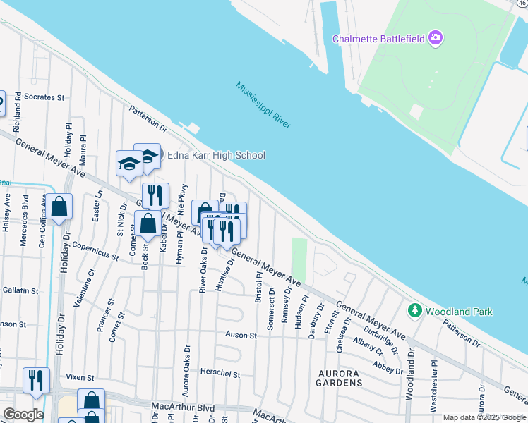 map of restaurants, bars, coffee shops, grocery stores, and more near 124 Roselyn Park Place in New Orleans