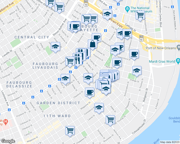 map of restaurants, bars, coffee shops, grocery stores, and more near 1401 Saint Andrew Street in New Orleans