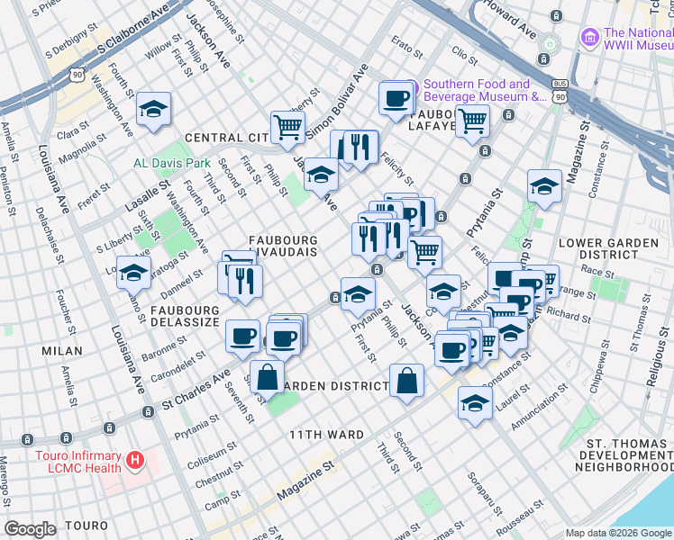 map of restaurants, bars, coffee shops, grocery stores, and more near 2264 Carondelet Street in New Orleans
