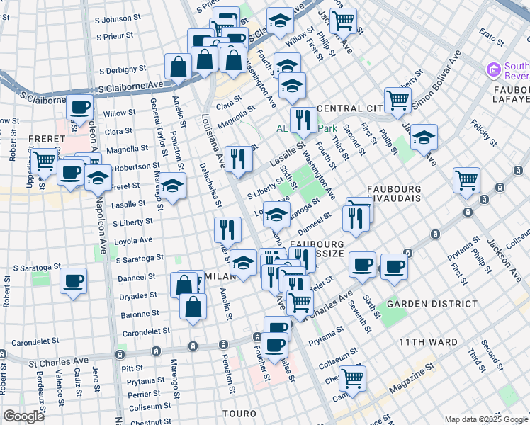 map of restaurants, bars, coffee shops, grocery stores, and more near 3232 Loyola Avenue in New Orleans