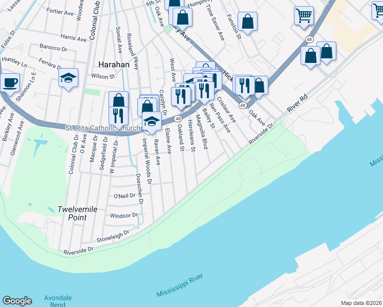 map of restaurants, bars, coffee shops, grocery stores, and more near 92 Haroleans Street in Harahan