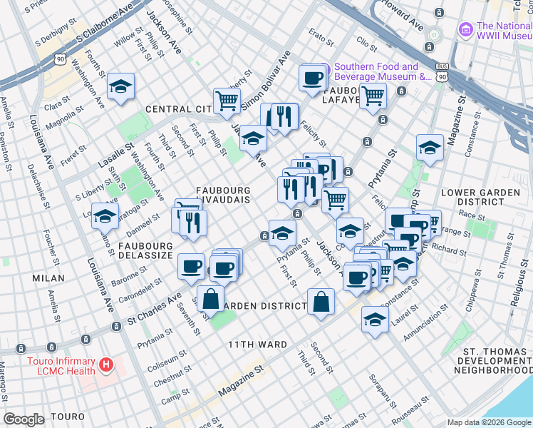 map of restaurants, bars, coffee shops, grocery stores, and more near 2264 Carondelet Street in New Orleans