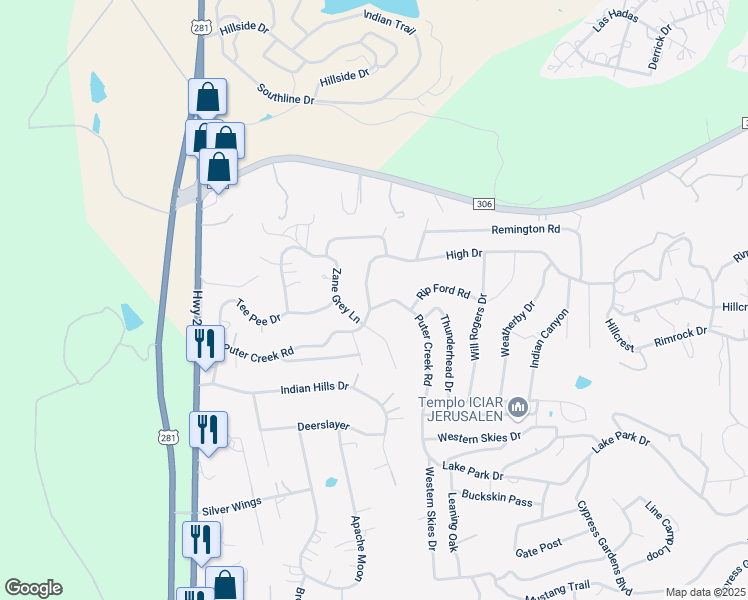 map of restaurants, bars, coffee shops, grocery stores, and more near 156 High Drive in Spring Branch