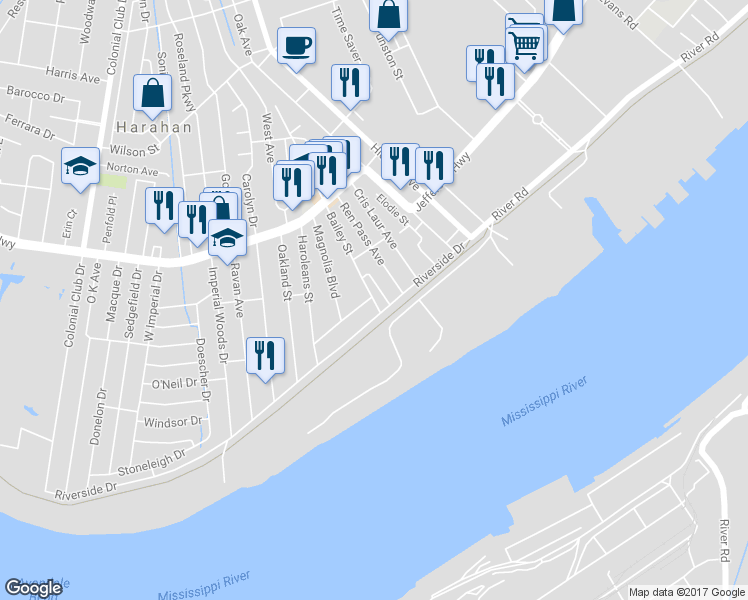 map of restaurants, bars, coffee shops, grocery stores, and more near 25 Bailey Street in Harahan