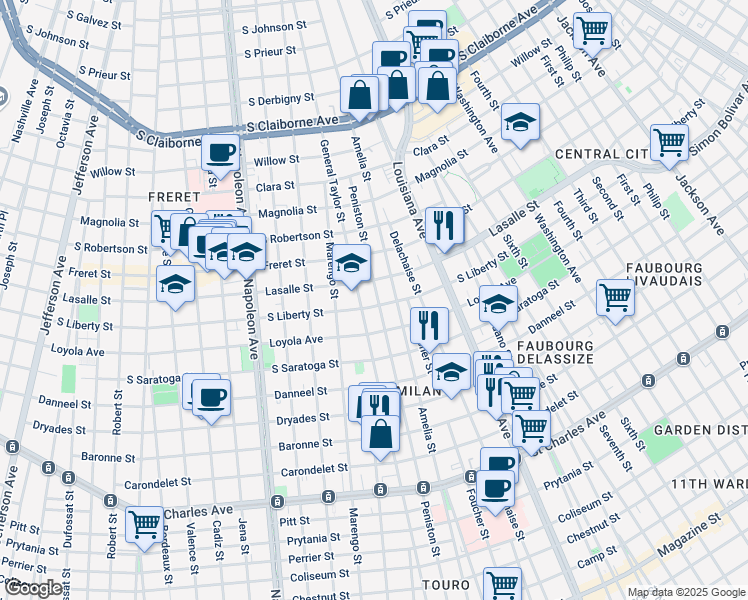 map of restaurants, bars, coffee shops, grocery stores, and more near 2308 Peniston Street in New Orleans