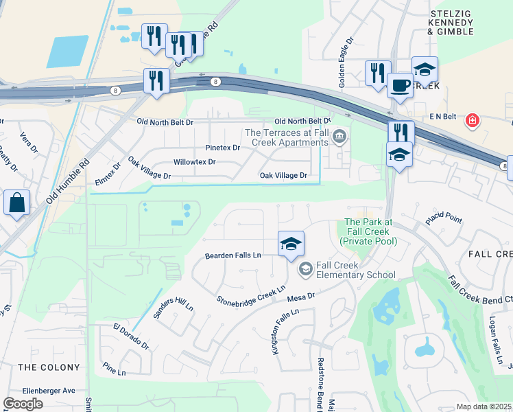 map of restaurants, bars, coffee shops, grocery stores, and more near 7423 Fall Springs Lane in Humble