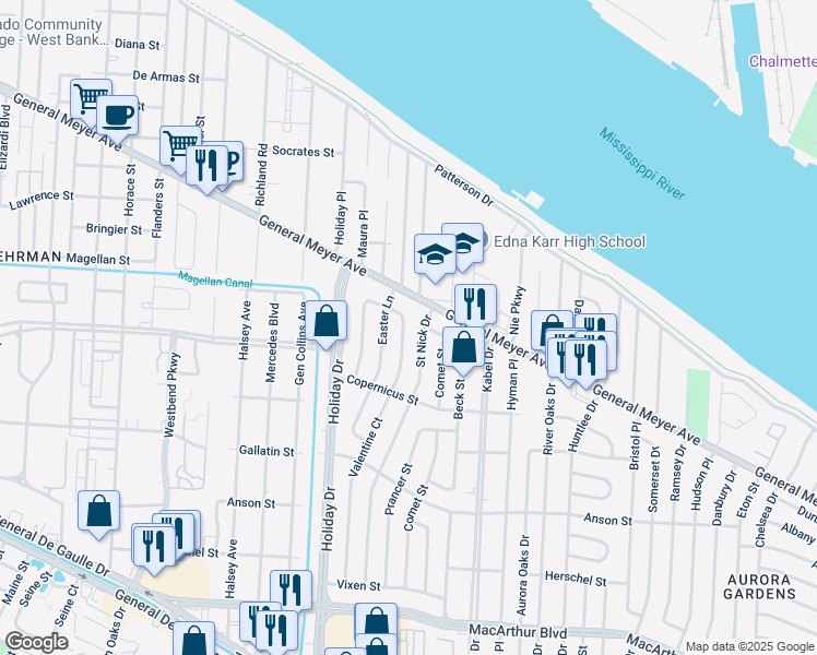 map of restaurants, bars, coffee shops, grocery stores, and more near 2010 Valentine Court in New Orleans