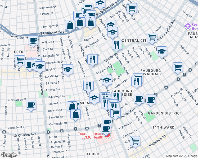 map of restaurants, bars, coffee shops, grocery stores, and more near 3323 Loyola Avenue in New Orleans