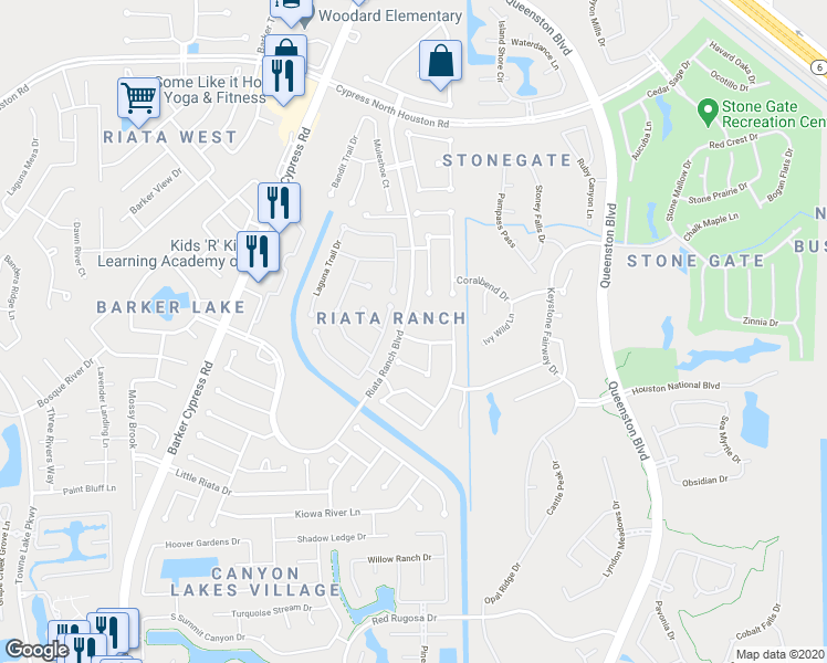 map of restaurants, bars, coffee shops, grocery stores, and more near 17230 Red River Trail in Houston