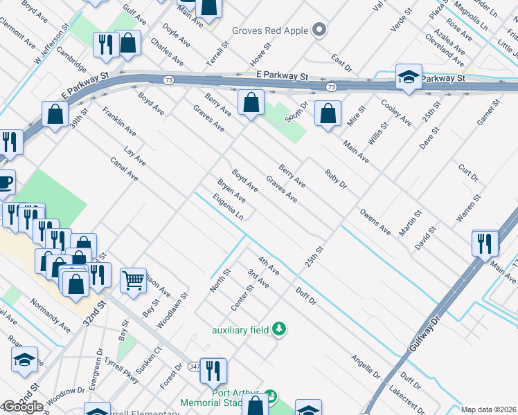 map of restaurants, bars, coffee shops, grocery stores, and more near 3030 Bryan Avenue in Groves