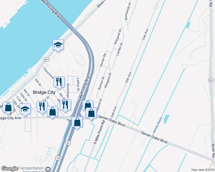 map of restaurants, bars, coffee shops, grocery stores, and more near 1021 Wiegand Drive in Bridge City