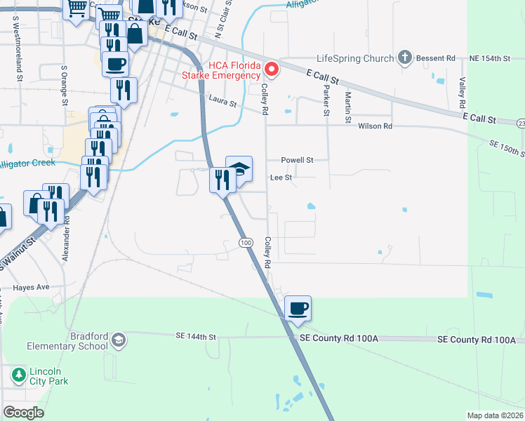 map of restaurants, bars, coffee shops, grocery stores, and more near 1089 Colley Road in Starke