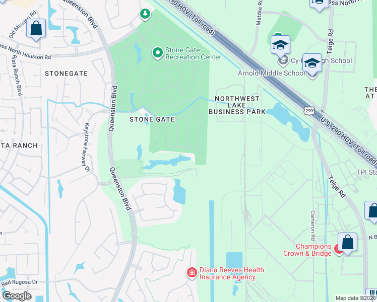 map of restaurants, bars, coffee shops, grocery stores, and more near 16215 Zinnia Drive in Houston