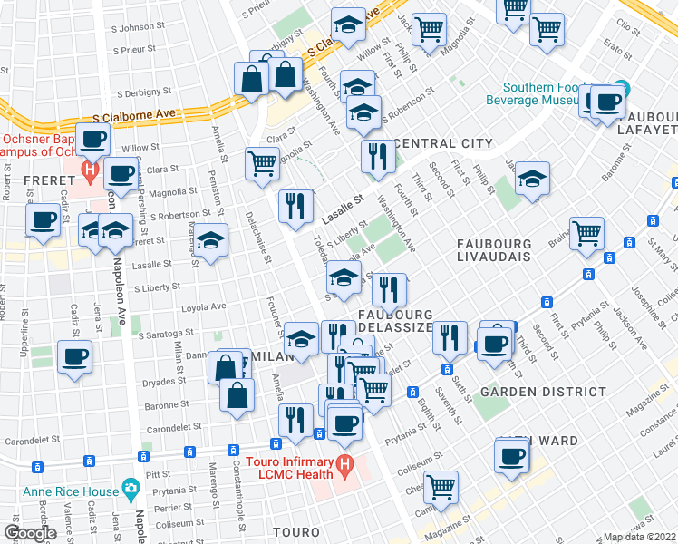 map of restaurants, bars, coffee shops, grocery stores, and more near 3232 Loyola Avenue in New Orleans