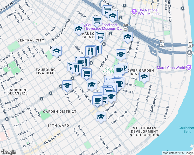 map of restaurants, bars, coffee shops, grocery stores, and more near 1401 Saint Andrew Street in New Orleans