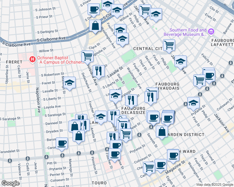 map of restaurants, bars, coffee shops, grocery stores, and more near 2108 Seventh Street in New Orleans