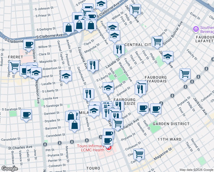 map of restaurants, bars, coffee shops, grocery stores, and more near 3232 Loyola Avenue in New Orleans