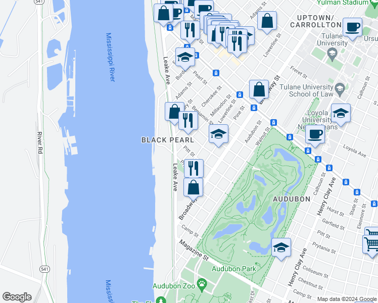 map of restaurants, bars, coffee shops, grocery stores, and more near 304 Lowerline Street in New Orleans