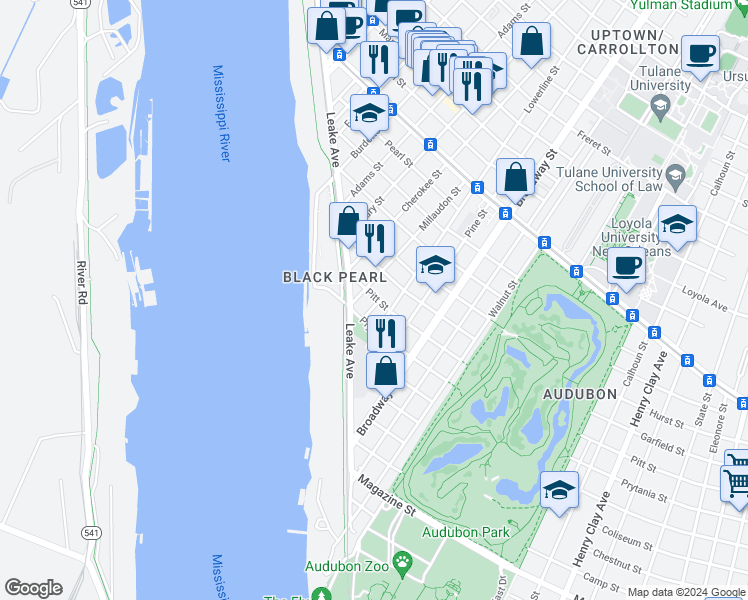 map of restaurants, bars, coffee shops, grocery stores, and more near 304 Lowerline Street in New Orleans