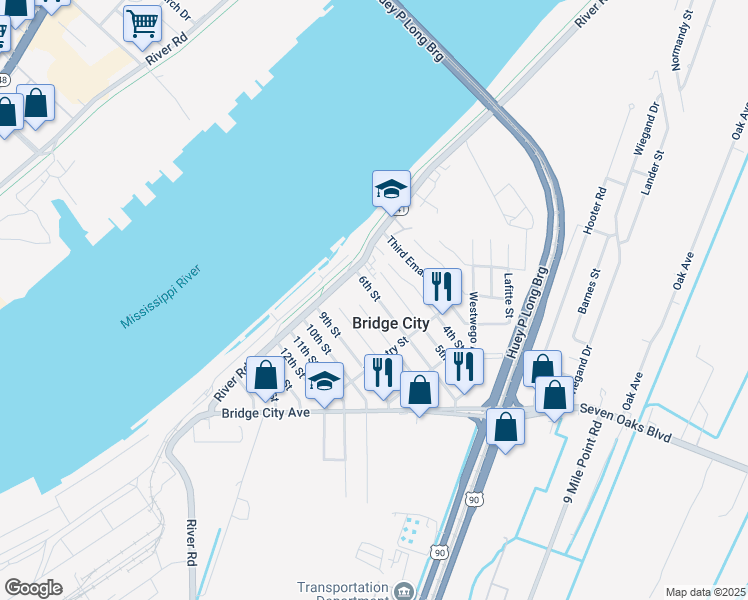 map of restaurants, bars, coffee shops, grocery stores, and more near 132 6th Street in Bridge City