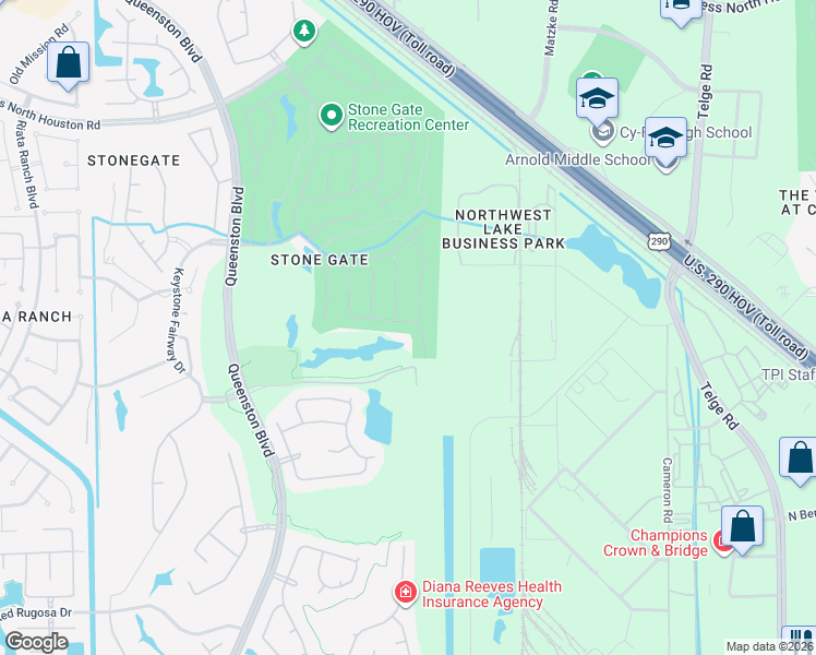 map of restaurants, bars, coffee shops, grocery stores, and more near 16215 Zinnia Drive in Houston