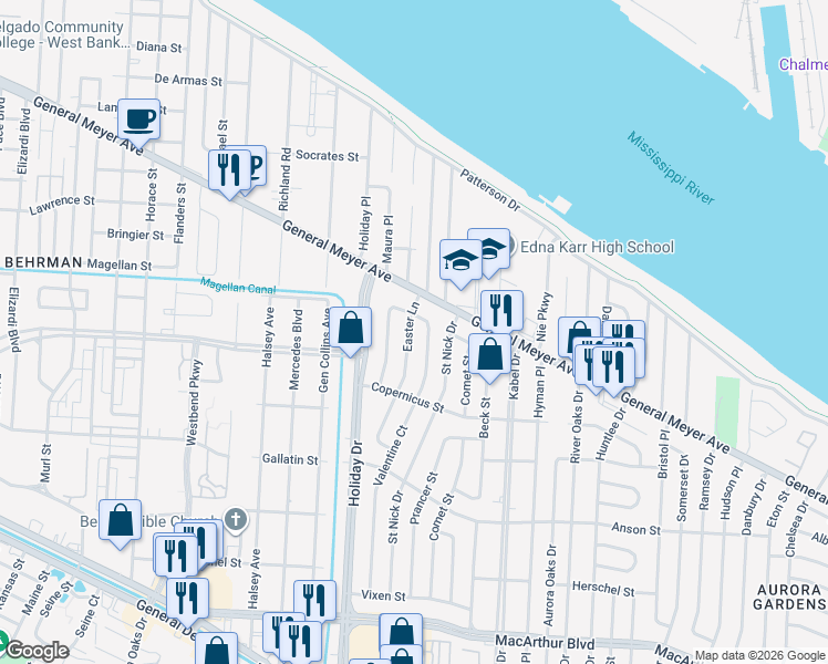 map of restaurants, bars, coffee shops, grocery stores, and more near 2012 Mediamolle Drive in New Orleans