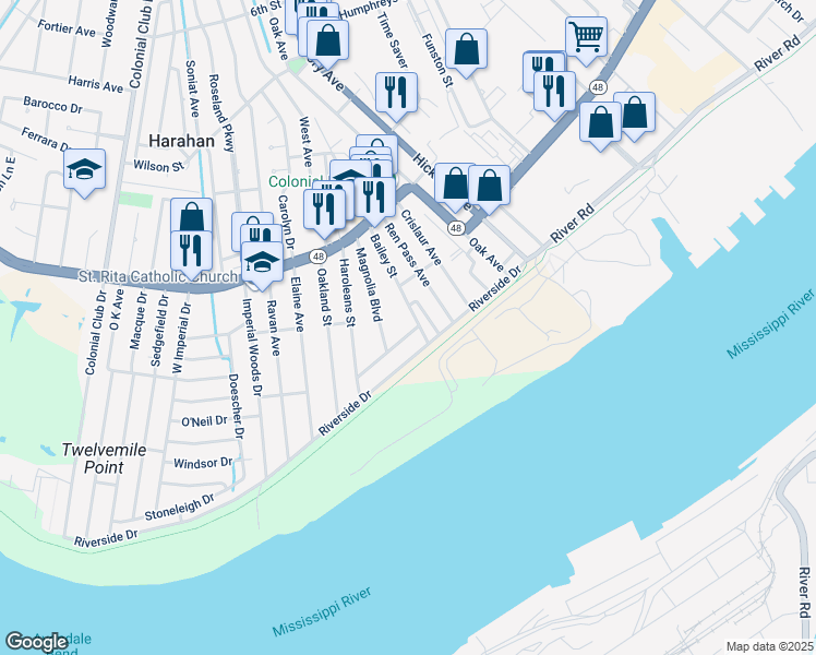 map of restaurants, bars, coffee shops, grocery stores, and more near 25 Bailey Street in Harahan