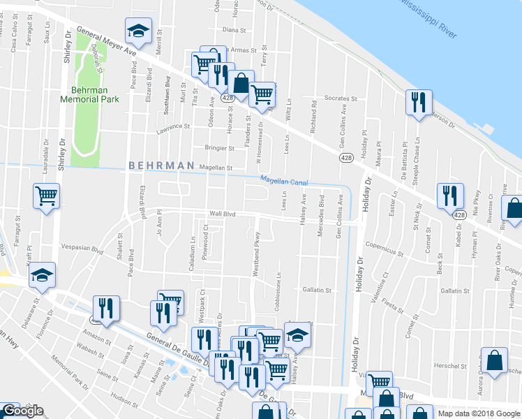 map of restaurants, bars, coffee shops, grocery stores, and more near 3470 Wall Boulevard in New Orleans