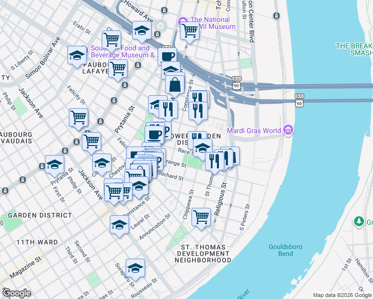 map of restaurants, bars, coffee shops, grocery stores, and more near in New Orleans