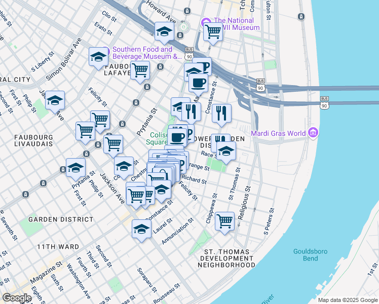 map of restaurants, bars, coffee shops, grocery stores, and more near 1022 Race Street in New Orleans