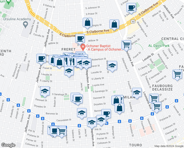 map of restaurants, bars, coffee shops, grocery stores, and more near 4318 Lasalle Street in New Orleans