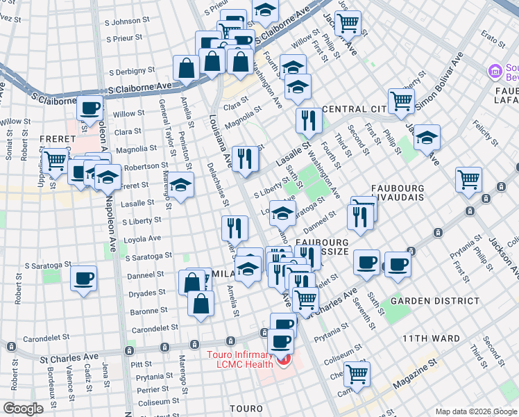 map of restaurants, bars, coffee shops, grocery stores, and more near 3232 Loyola Avenue in New Orleans