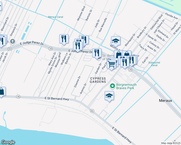 map of restaurants, bars, coffee shops, grocery stores, and more near 2320 Coulon Drive in Meraux