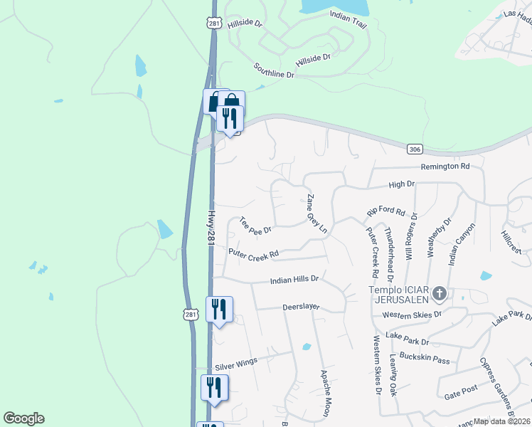 map of restaurants, bars, coffee shops, grocery stores, and more near 1059 Indian Hollow in Spring Branch