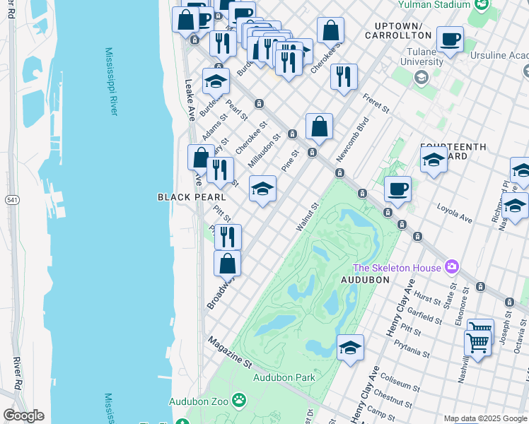 map of restaurants, bars, coffee shops, grocery stores, and more near 428 Broadway Street in New Orleans