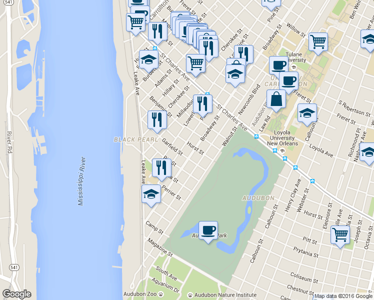 map of restaurants, bars, coffee shops, grocery stores, and more near 428 Broadway Street in New Orleans