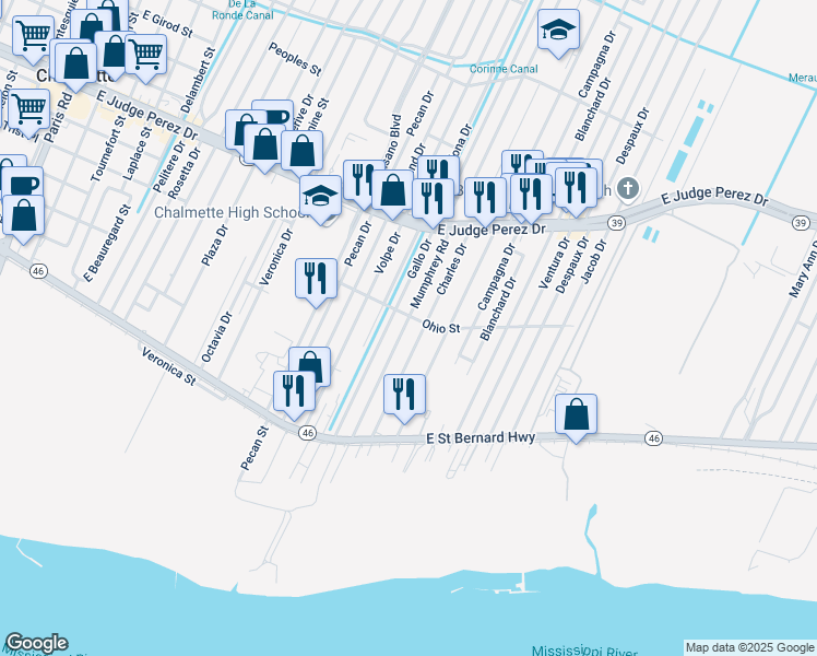 map of restaurants, bars, coffee shops, grocery stores, and more near 2325 Mumphrey Road in Chalmette