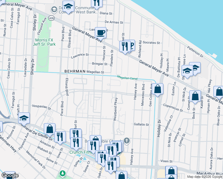 map of restaurants, bars, coffee shops, grocery stores, and more near 3320 Wall Boulevard in New Orleans
