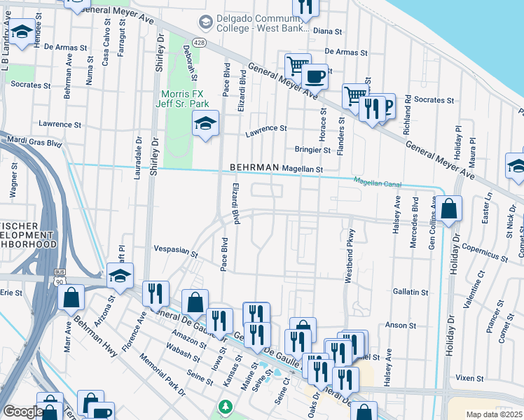 map of restaurants, bars, coffee shops, grocery stores, and more near 3001 Wall Boulevard in New Orleans