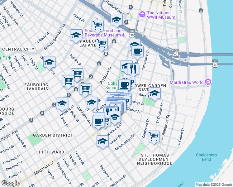 map of restaurants, bars, coffee shops, grocery stores, and more near 1526 Camp Street in New Orleans