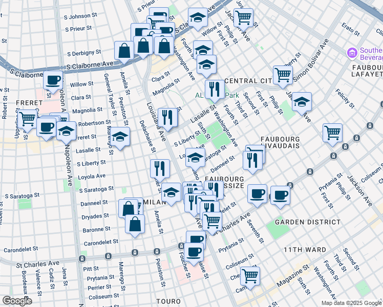 map of restaurants, bars, coffee shops, grocery stores, and more near 3232 Loyola Avenue in New Orleans