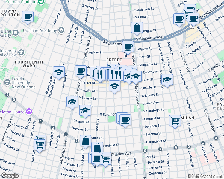 map of restaurants, bars, coffee shops, grocery stores, and more near 2400 Valence Street in New Orleans