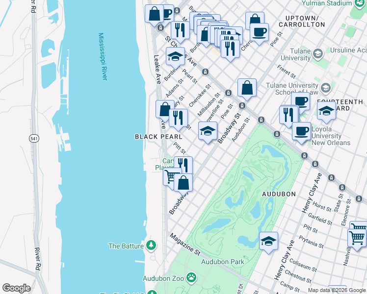 map of restaurants, bars, coffee shops, grocery stores, and more near 304 Lowerline Street in New Orleans