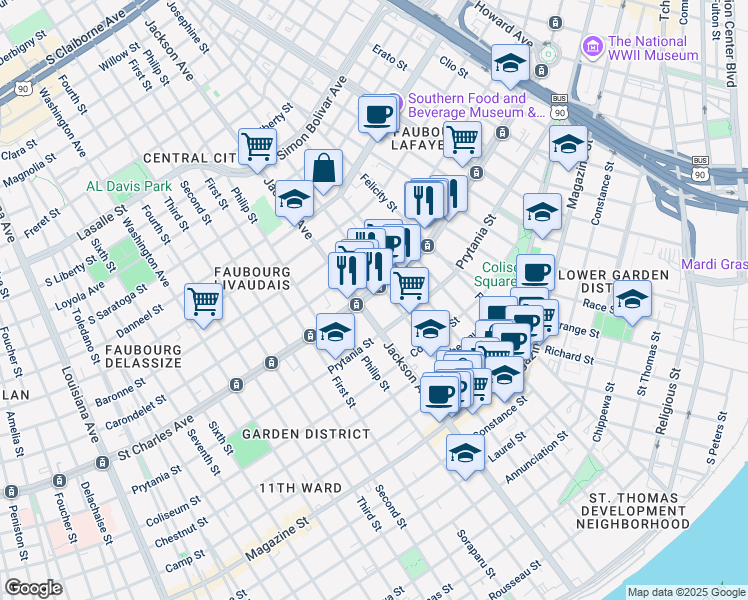 map of restaurants, bars, coffee shops, grocery stores, and more near 1535 Jackson Avenue in New Orleans