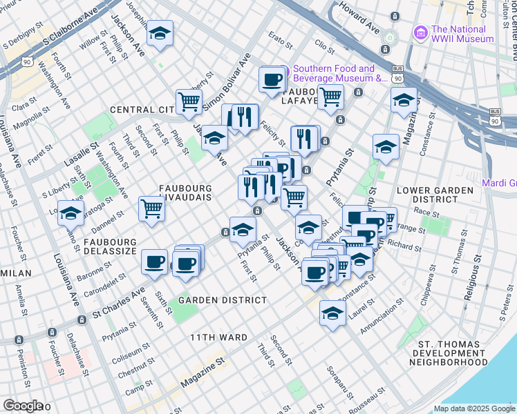 map of restaurants, bars, coffee shops, grocery stores, and more near St Charles Ave in New Orleans