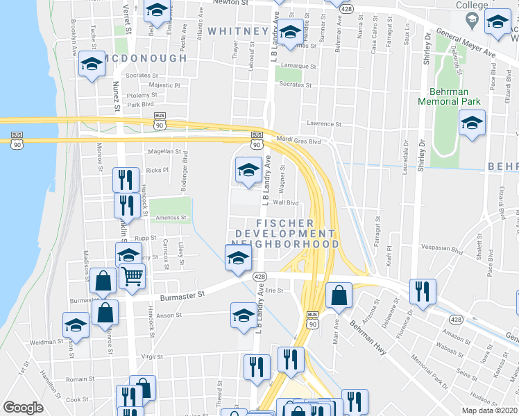 map of restaurants, bars, coffee shops, grocery stores, and more near 1915 L B Landry Avenue in New Orleans