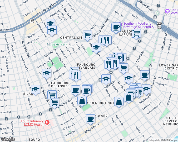 map of restaurants, bars, coffee shops, grocery stores, and more near 1718 First Street in New Orleans