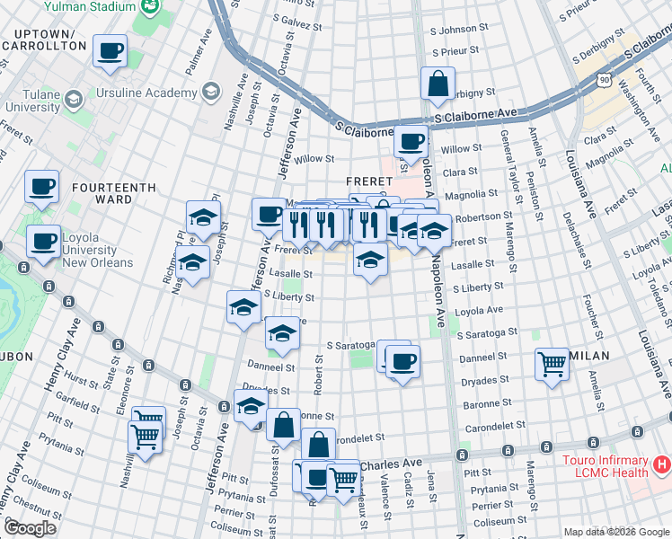 map of restaurants, bars, coffee shops, grocery stores, and more near 4926 Lasalle Street in New Orleans
