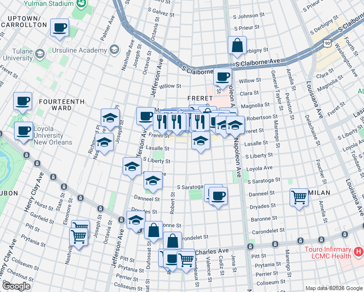 map of restaurants, bars, coffee shops, grocery stores, and more near 4926 Lasalle Street in New Orleans