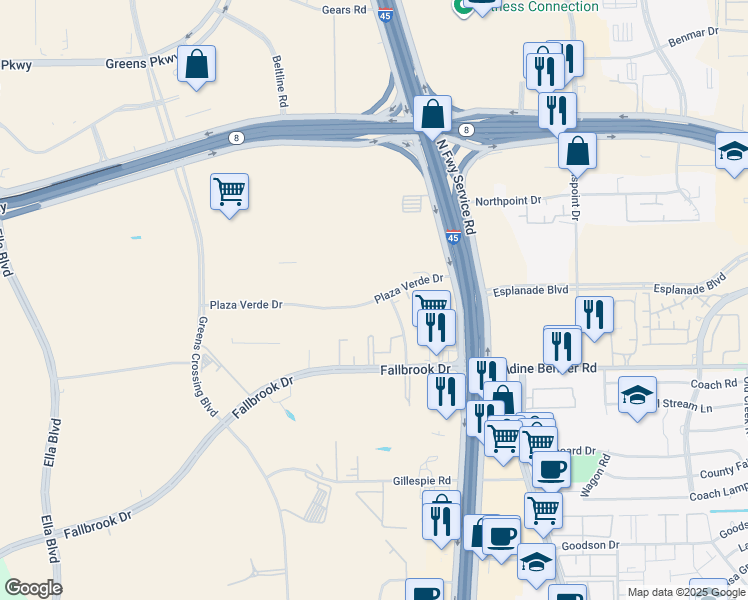 map of restaurants, bars, coffee shops, grocery stores, and more near 201 Plaza Verde Drive in Houston